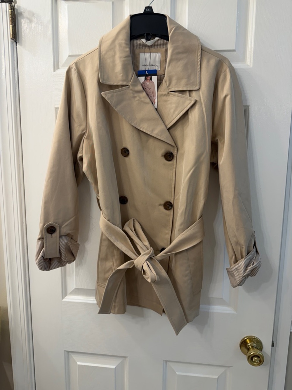 Weatherproof Beige Double-Breasted Trench Coat with Tie Belt